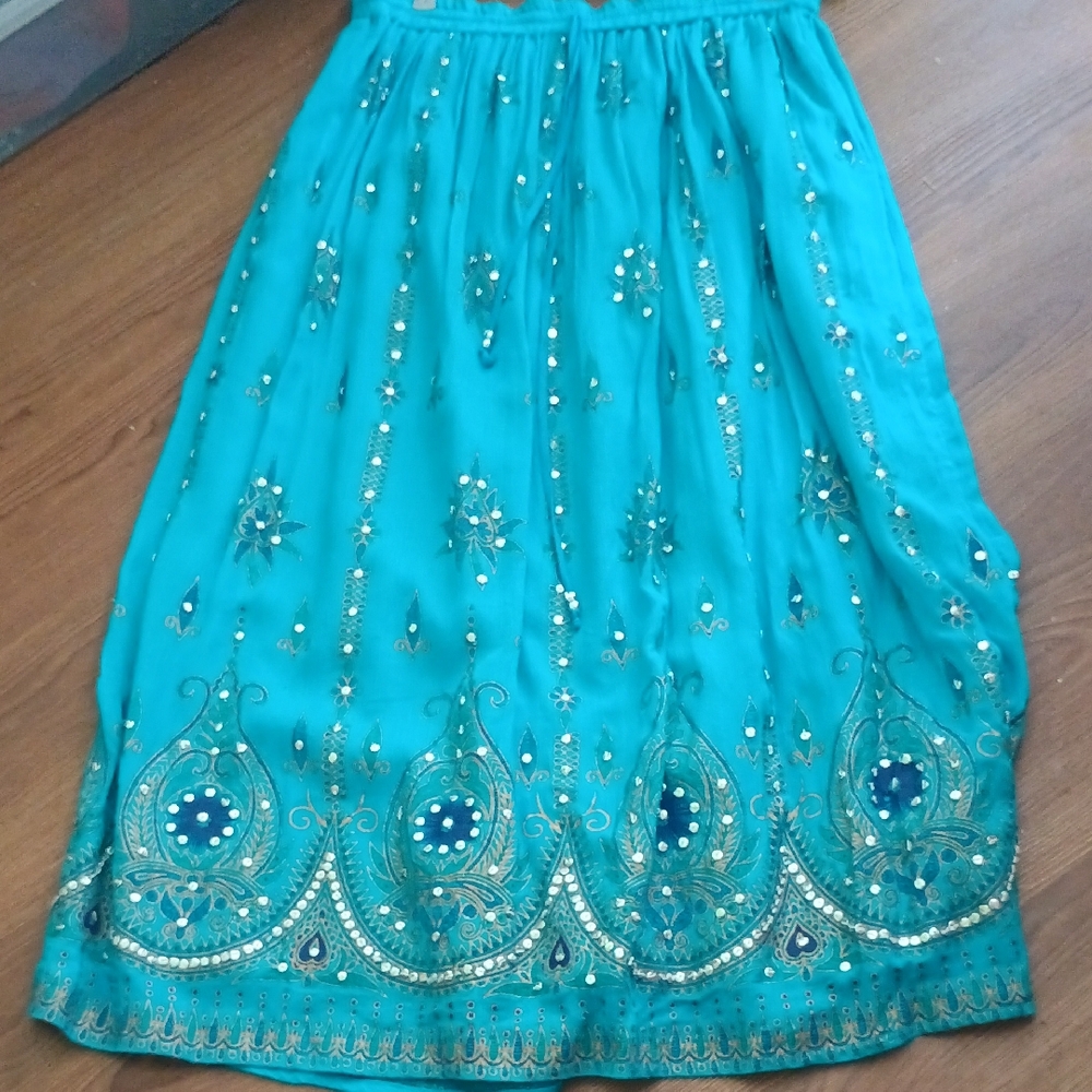 Cameo Teal Embellished A-Line Skirt Made In india